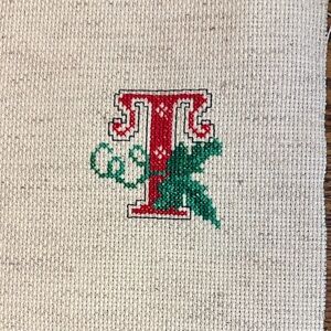 Red and Green Monogrammed T Completed Cross stitch piece ready to frame